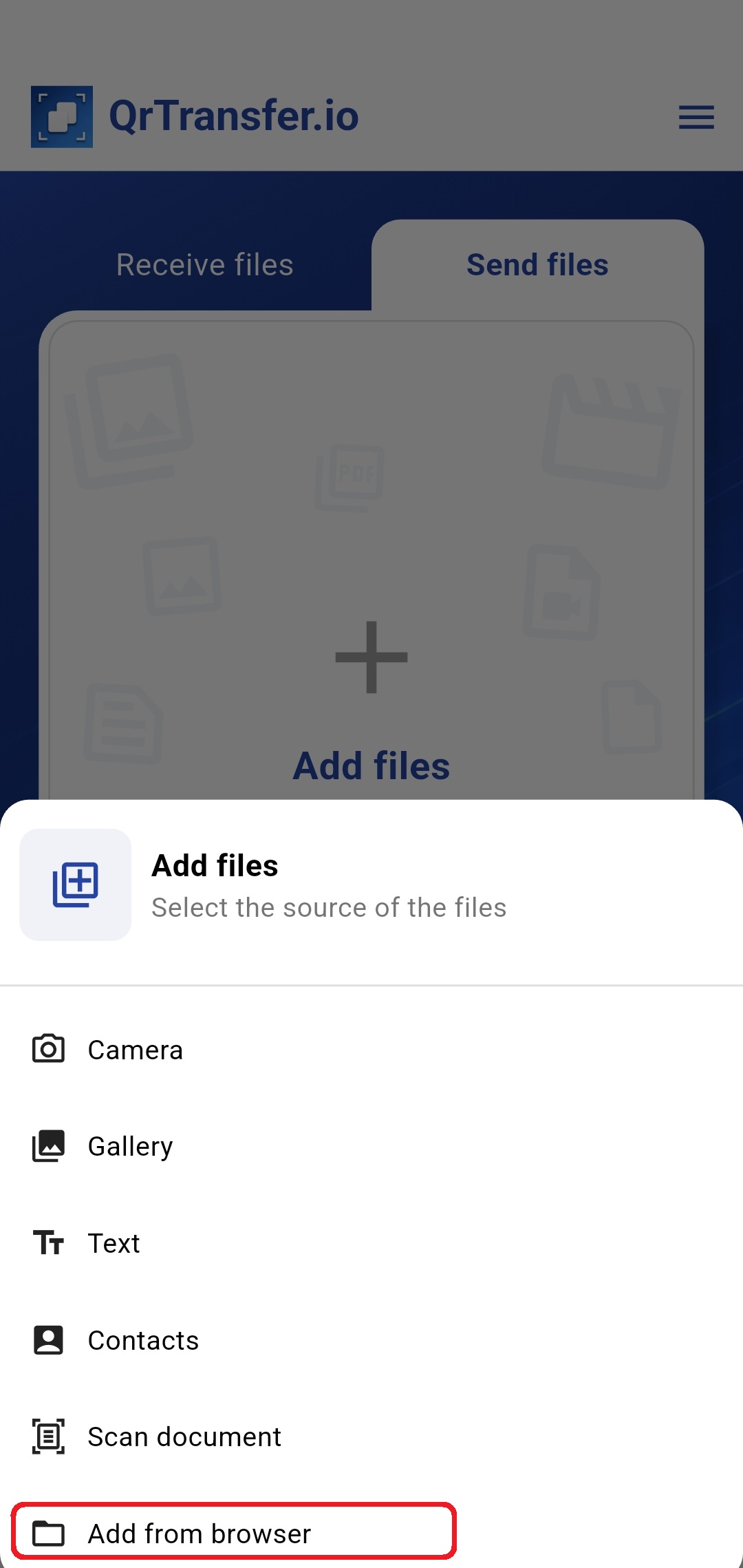 QrTransfer.io · How to transfer a ZIP from mobile to PC · Step 1 · Open QrTransfer.io where you have the ZIP