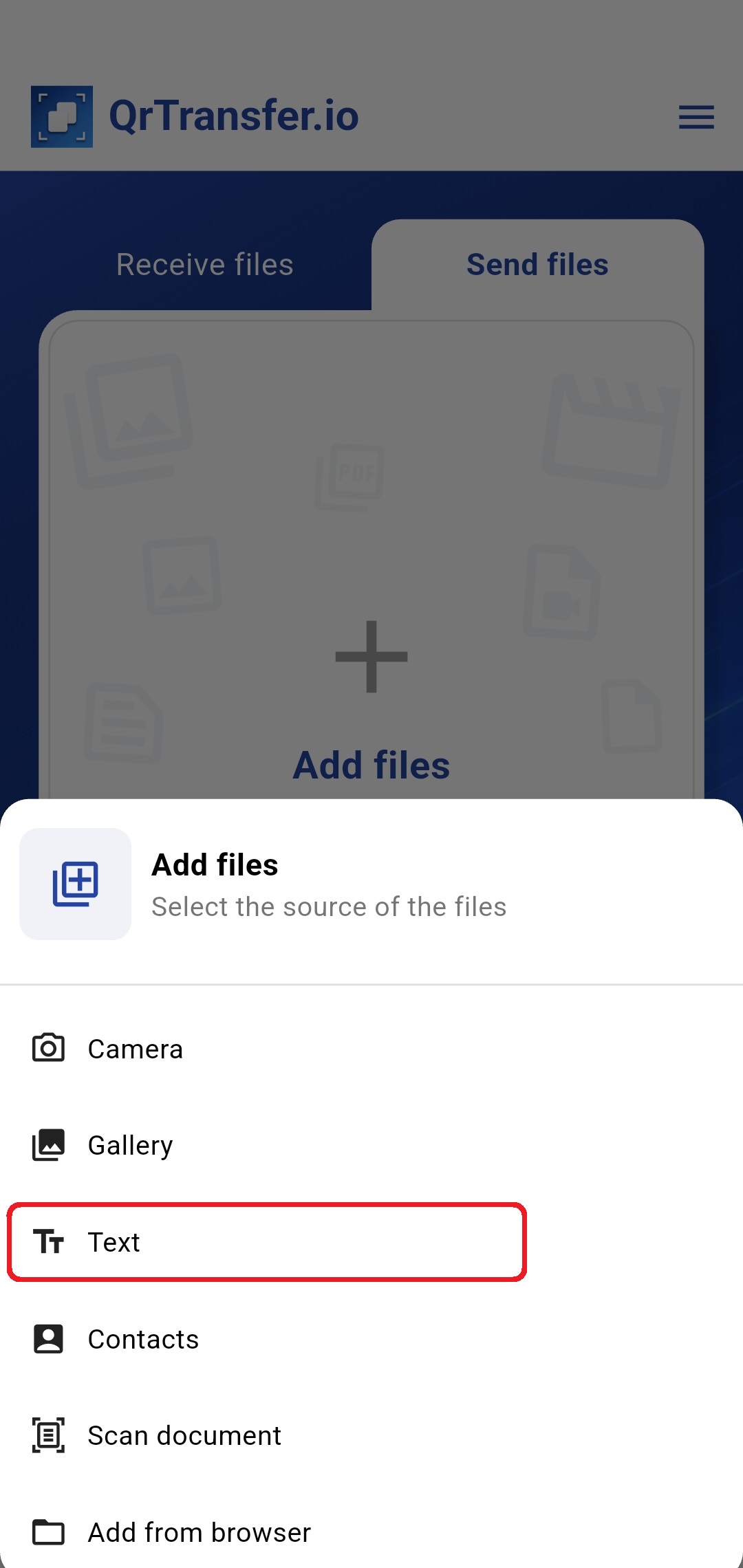 QrTransfer.io · How to send text from mobile to PC · Step 1 · Open QrTransfer.io where you have the text