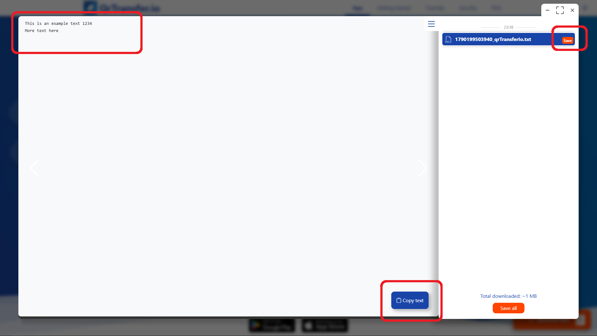 QrTransfer.io · How to send text from mobile to PC · Step 4 · Copy the text on the PC