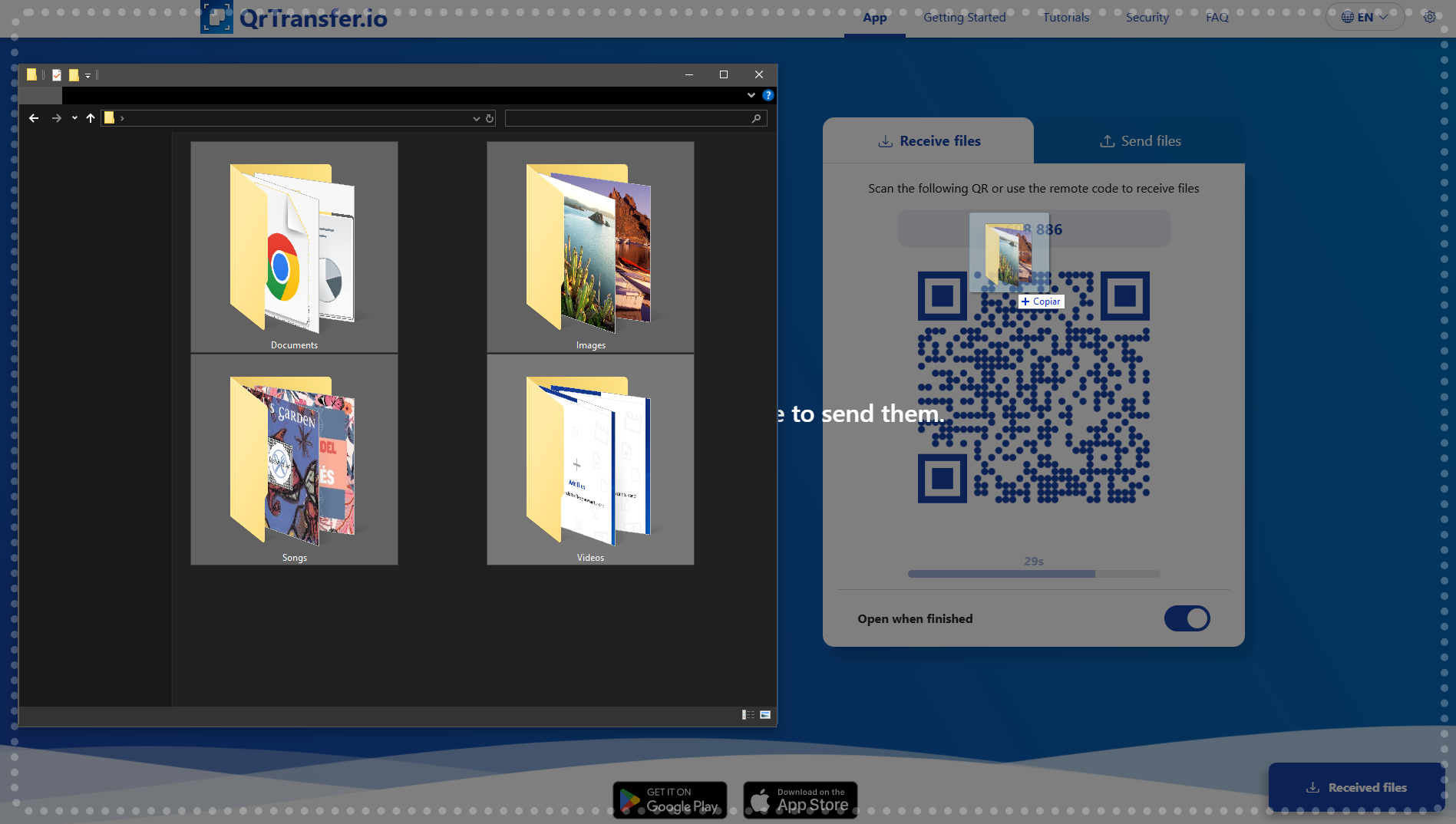 QrTransfer.io · How to send folders from PC to phone · Step 1 · Drag the folder to QrTransfer.io on the PC