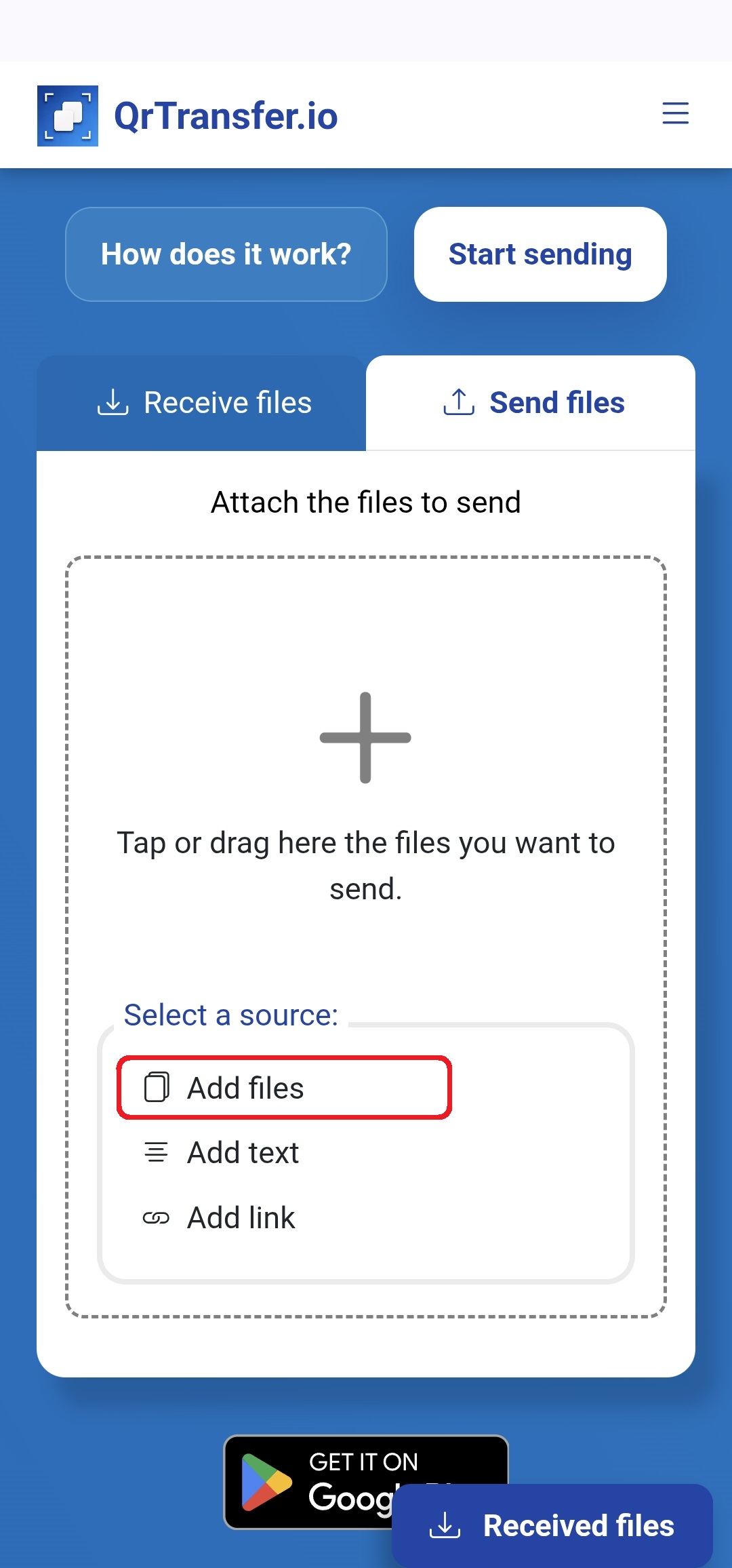 QrTransfer.io · How to send files from mobile to PC without apps · Step 1 · Open QrTransfer.io on mobile