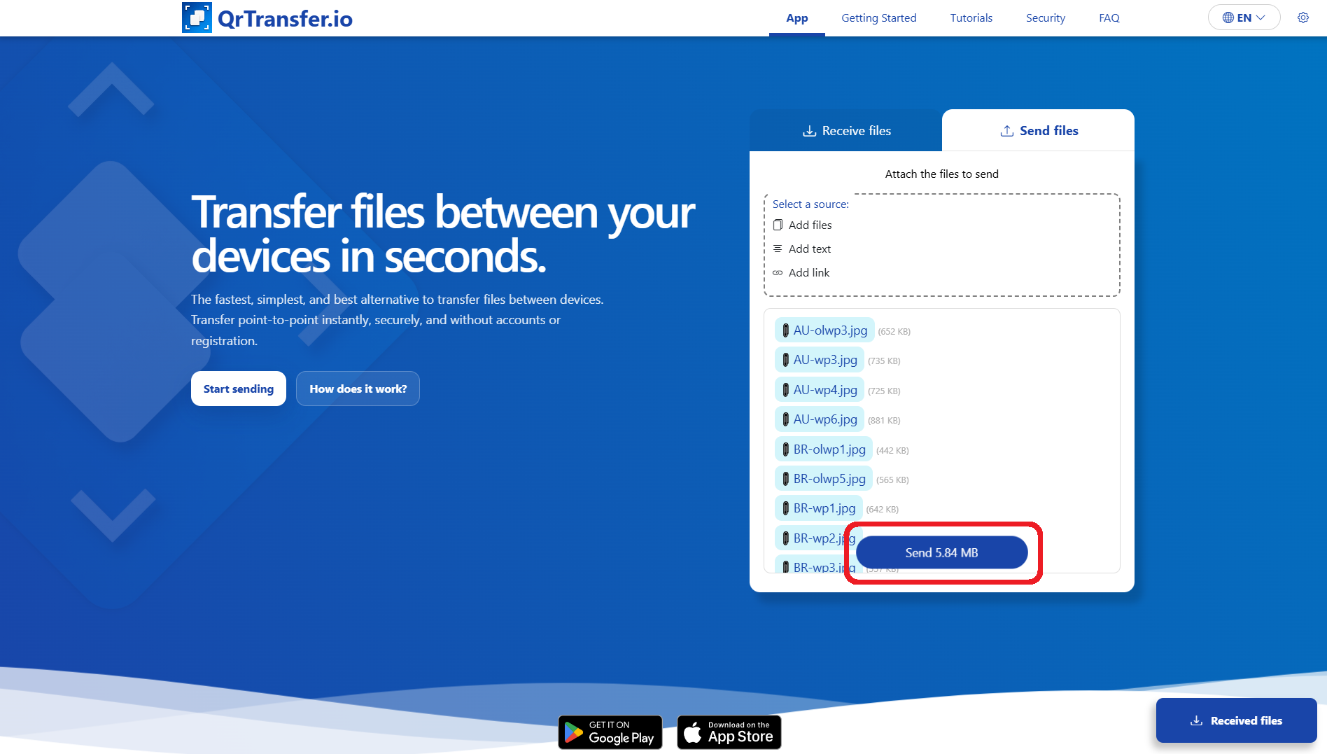 QrTransfer.io · How to transfer files from PC to phone without an app · Step 2 · Tap send and keep the QR visible