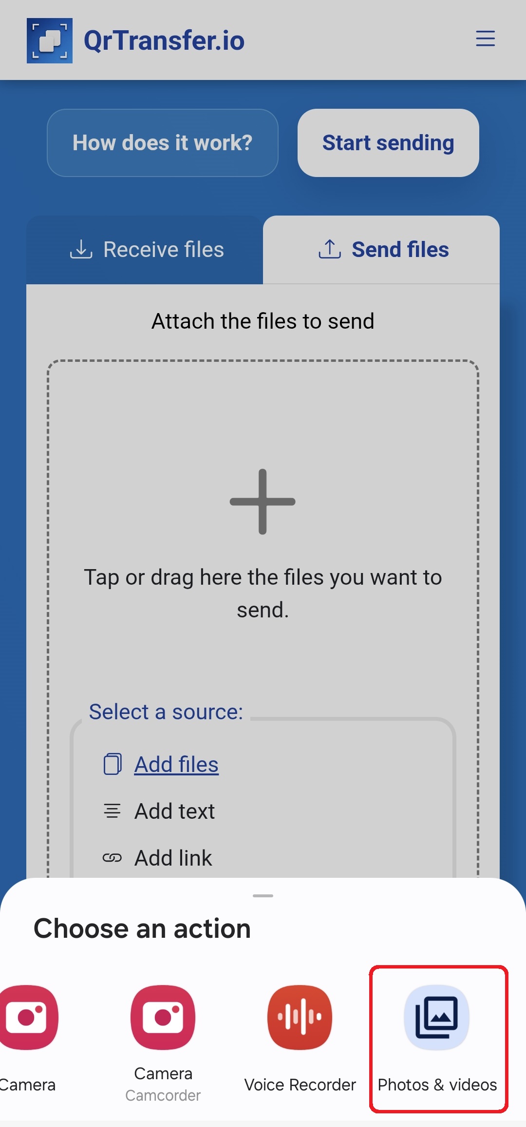 QrTransfer.io · How to send files from mobile to PC without apps · Step 1 · Open QrTransfer.io on mobile