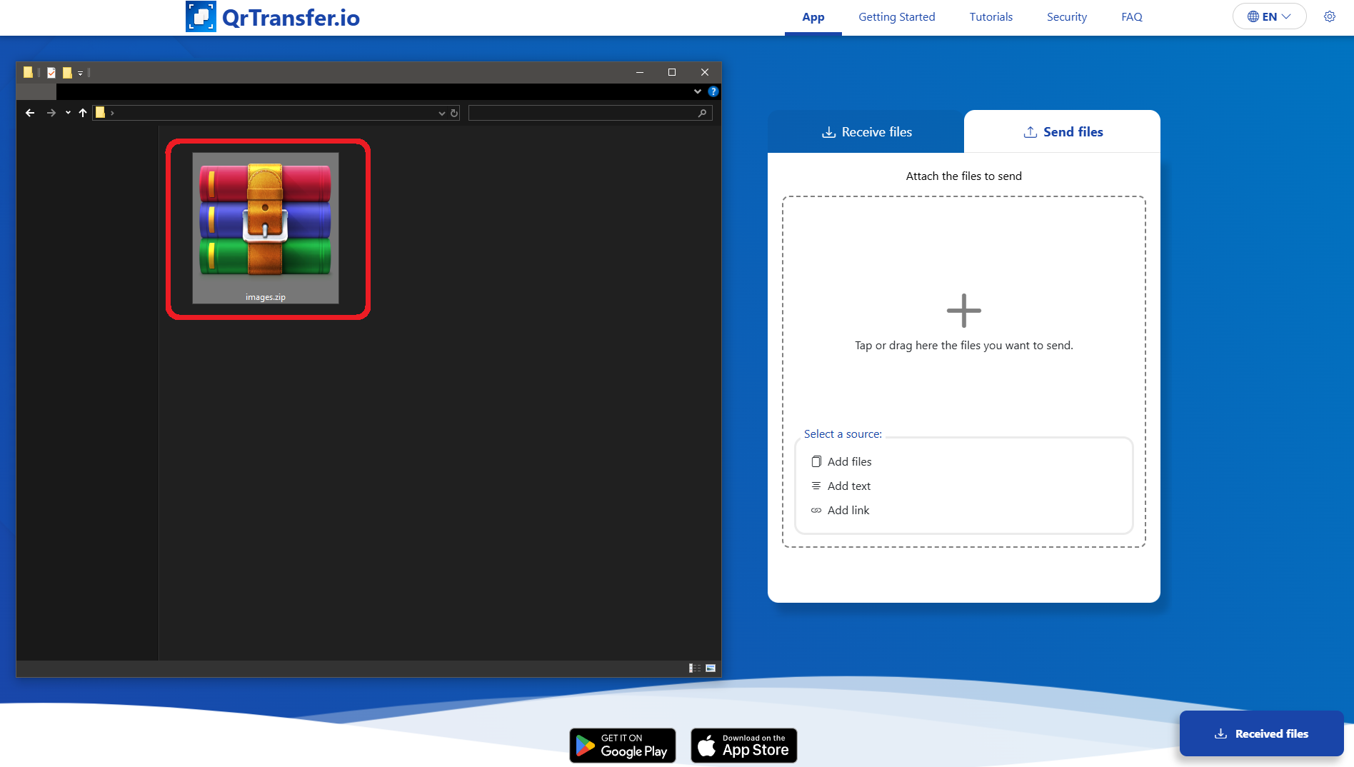 QrTransfer.io · How to transfer ZIP files from PC to mobile · Step 1 · Open QrTransfer.io where you have the ZIP