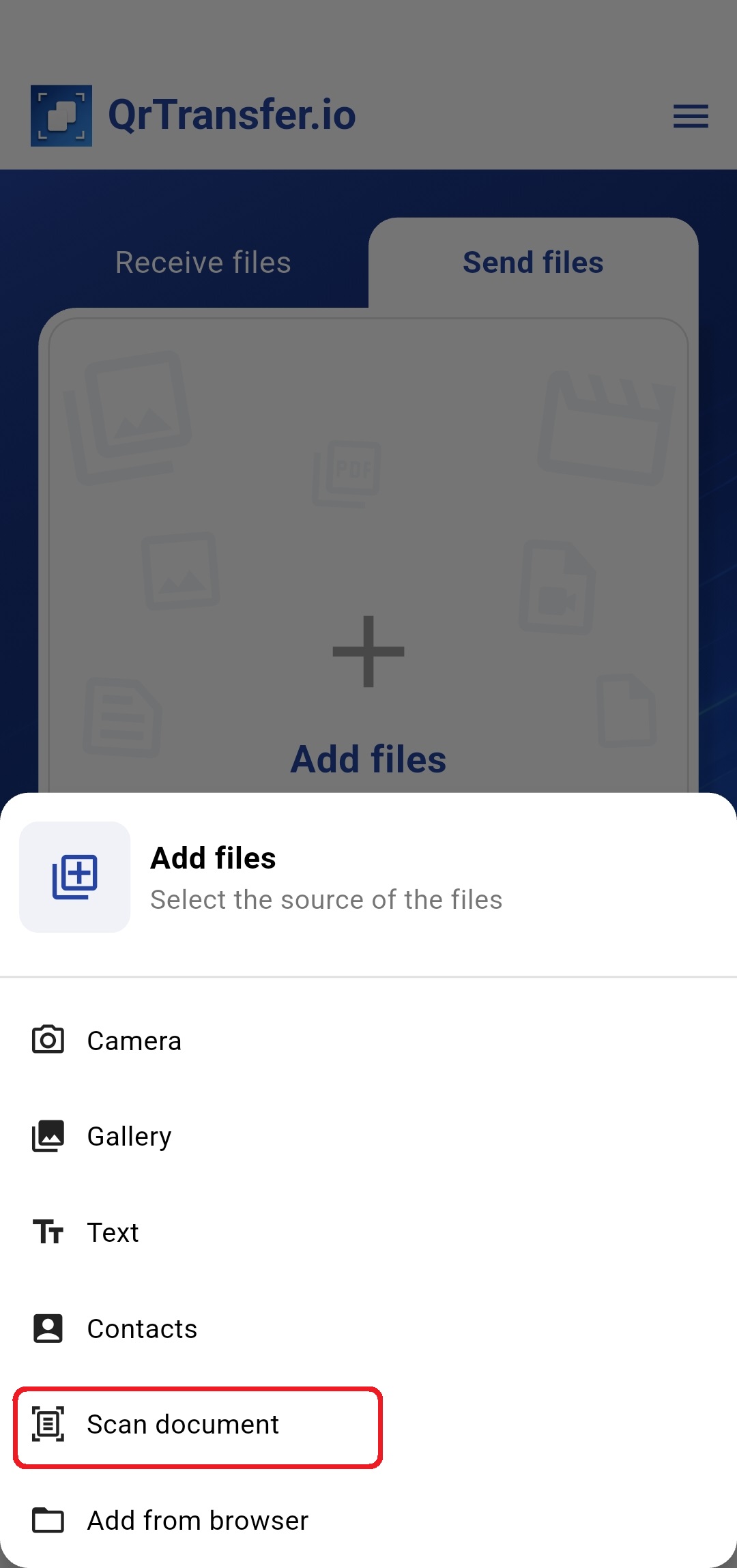QrTransfer.io · How to transfer scanned documents from mobile to PC for printing · Step 1 · Abre QrTransfer.io en tu movil