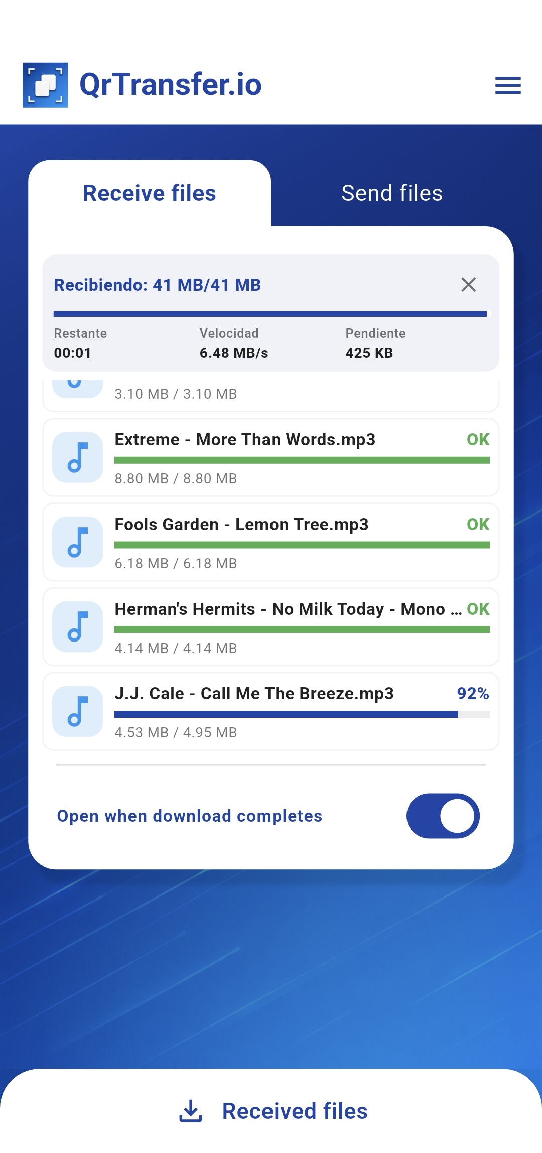 QrTransfer.io · How to transfer MP3 music from PC to mobile · Step 4 · Open the audios in the app's player