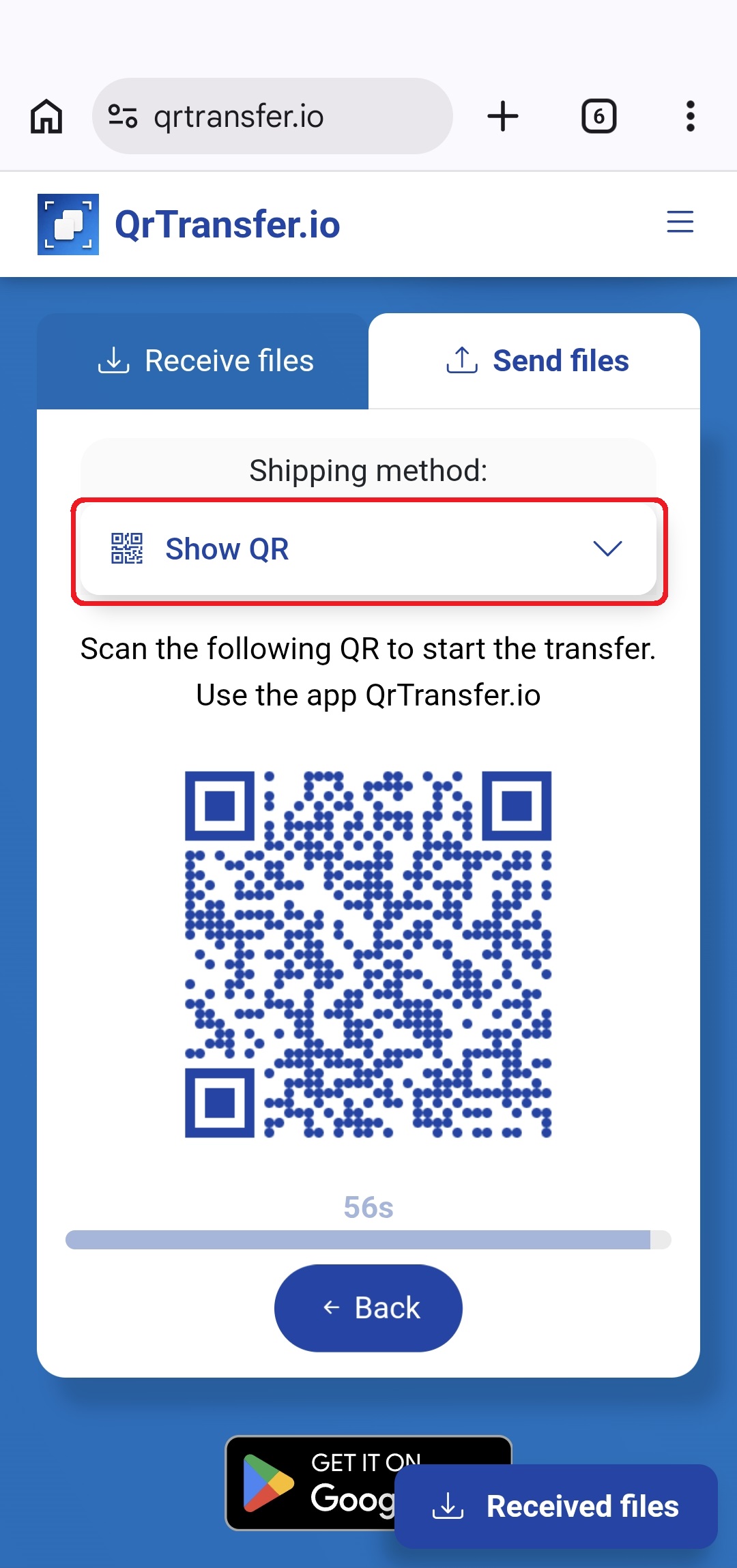 QrTransfer.io · How to send files from mobile to PC without apps · Step 2 · Open the shipping options