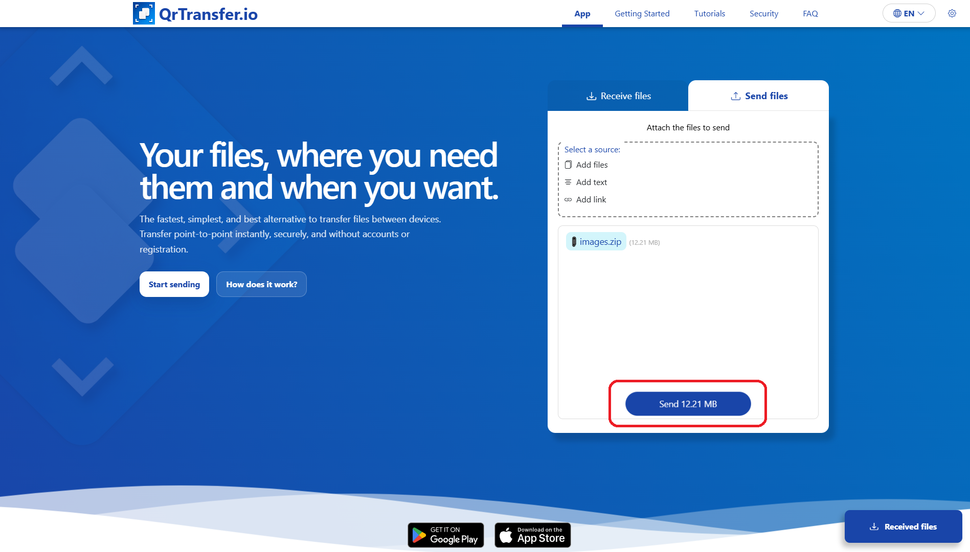 QrTransfer.io · How to transfer ZIP files from PC to mobile · Step 2 · Tap send and open the app on your mobile