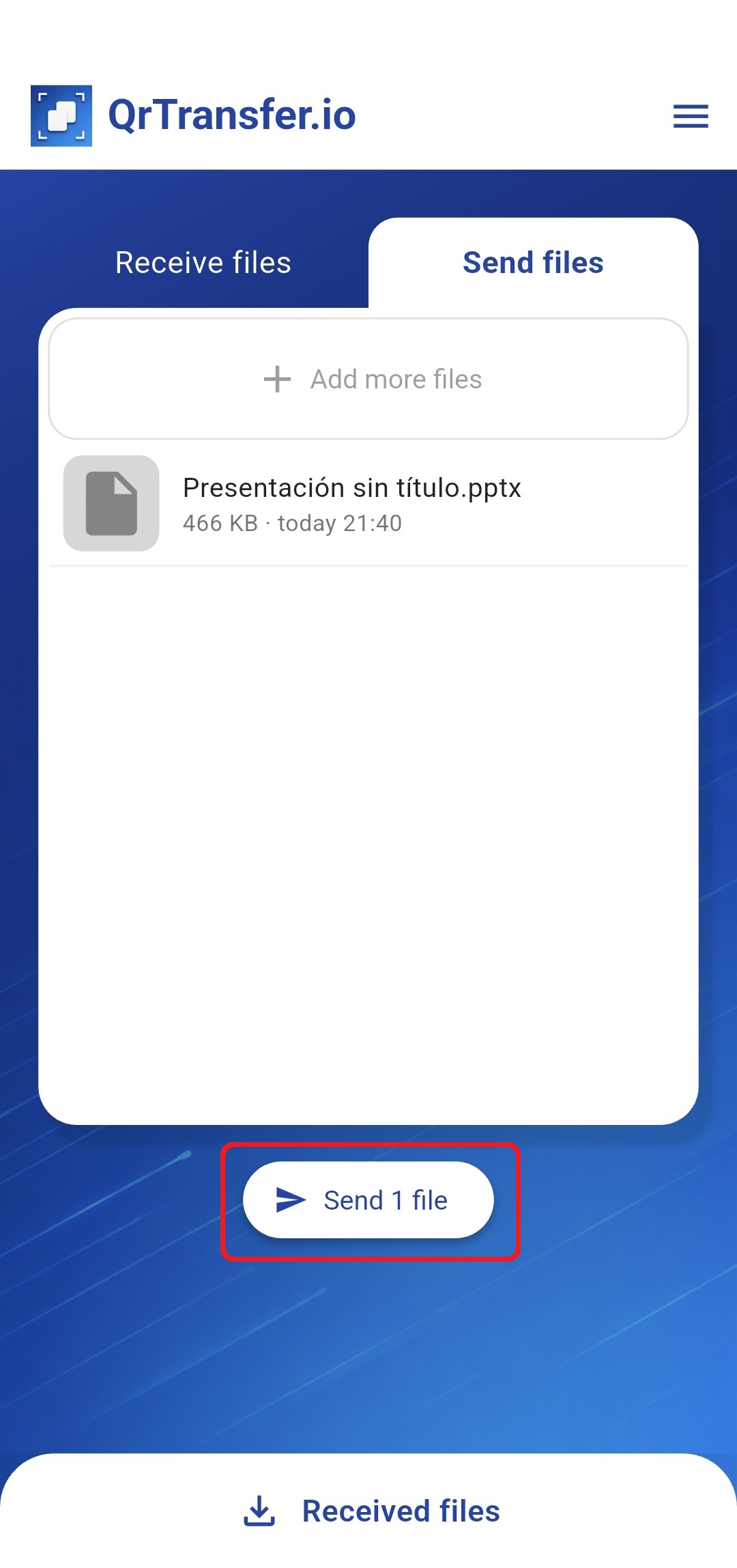 QrTransfer.io · How to send a PowerPoint presentation from mobile to PC · Step 1 · Open QrTransfer.io where you have the presentation