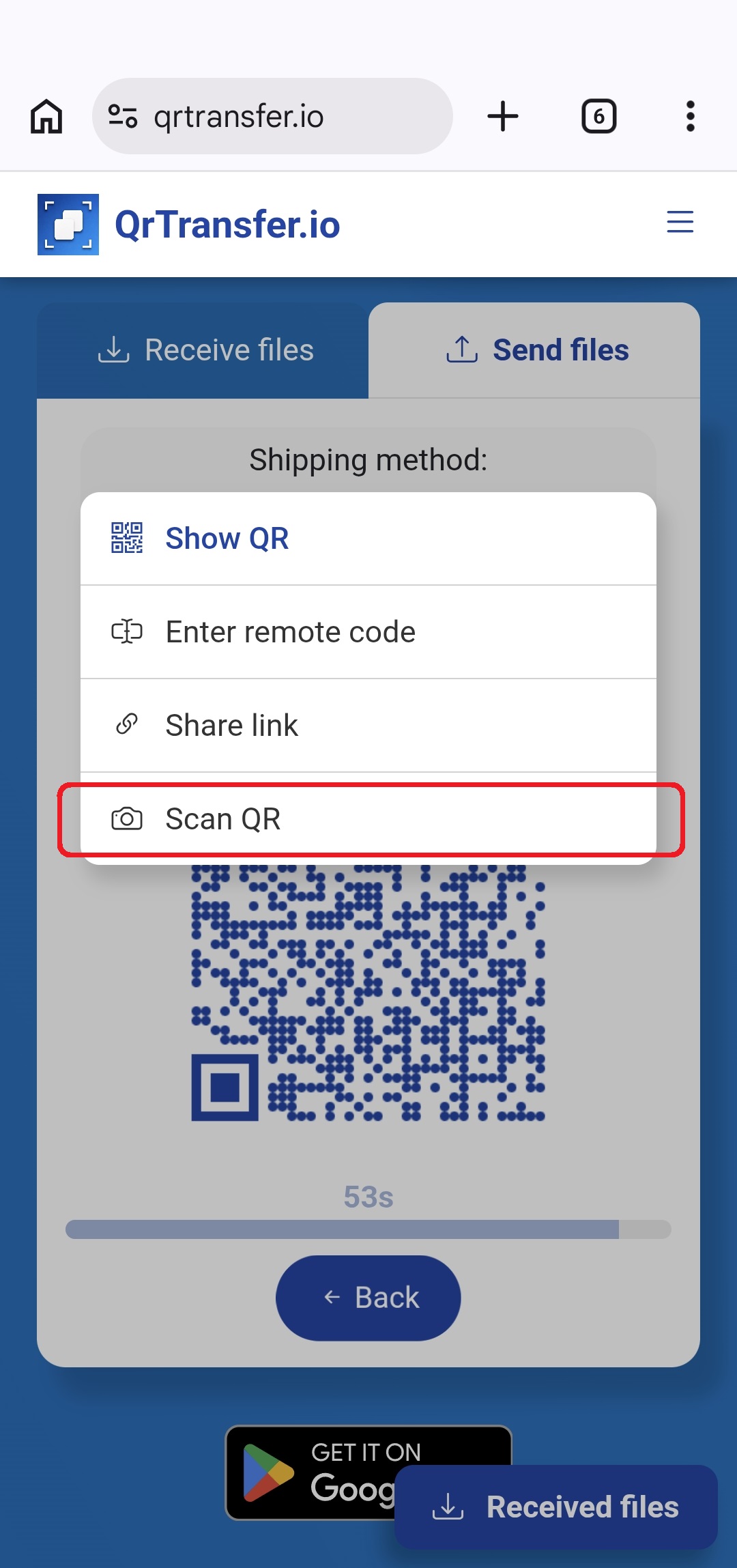 QrTransfer.io · How to send files from mobile to PC without apps · Step 2 · Open the shipping options