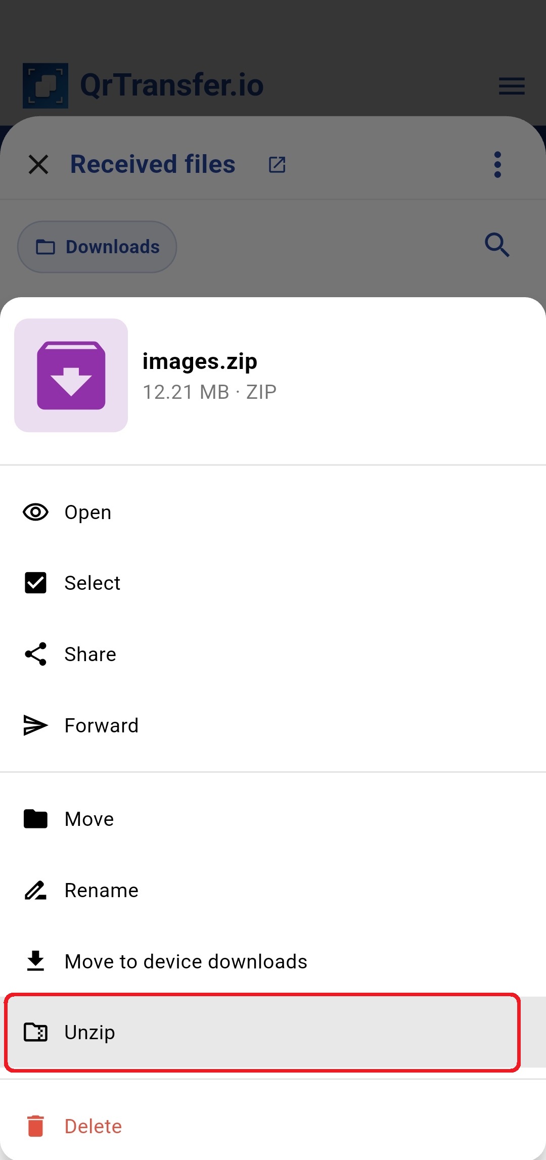 QrTransfer.io · How to transfer ZIP files from PC to mobile · Step 4 · Unzip the ZIP in the app