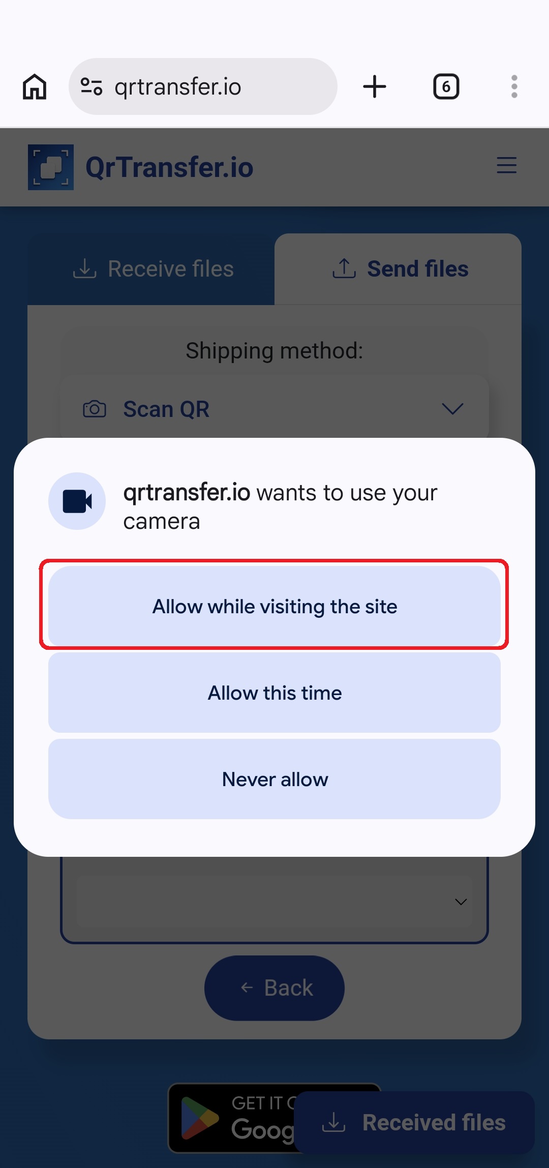 QrTransfer.io · How to send files from mobile to PC without apps · Step 2 · Open the shipping options