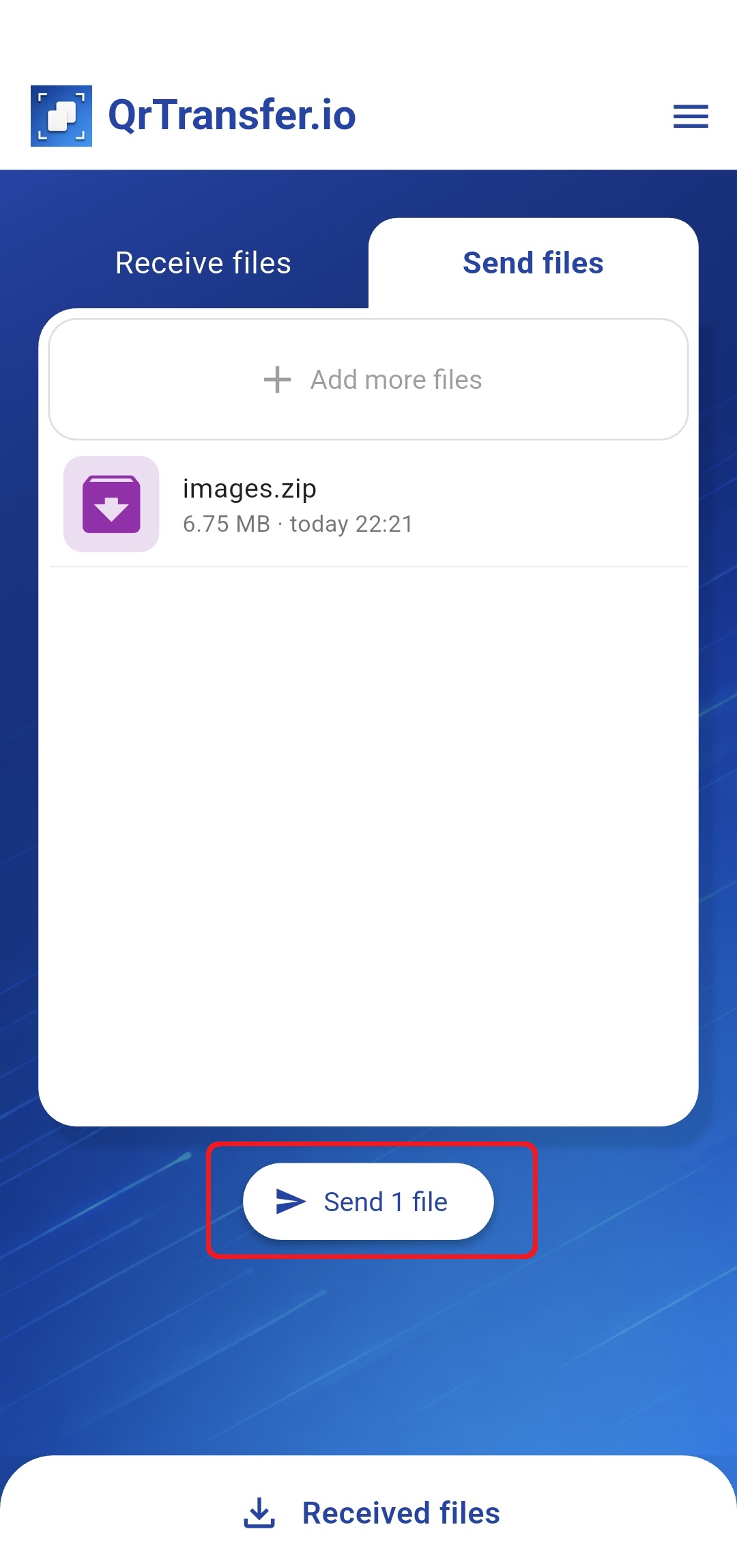QrTransfer.io · How to transfer a ZIP from mobile to PC · Step 1 · Open QrTransfer.io where you have the ZIP