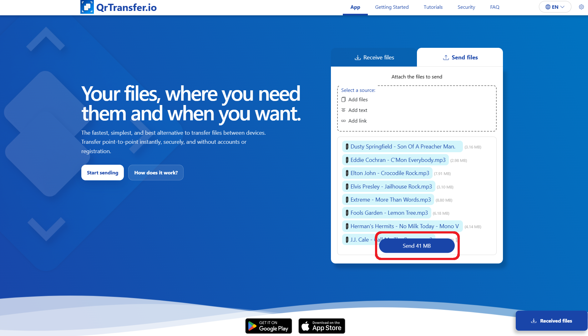 QrTransfer.io · How to transfer MP3 music from PC to mobile · Step 2 · Tap send and open the app on your mobile