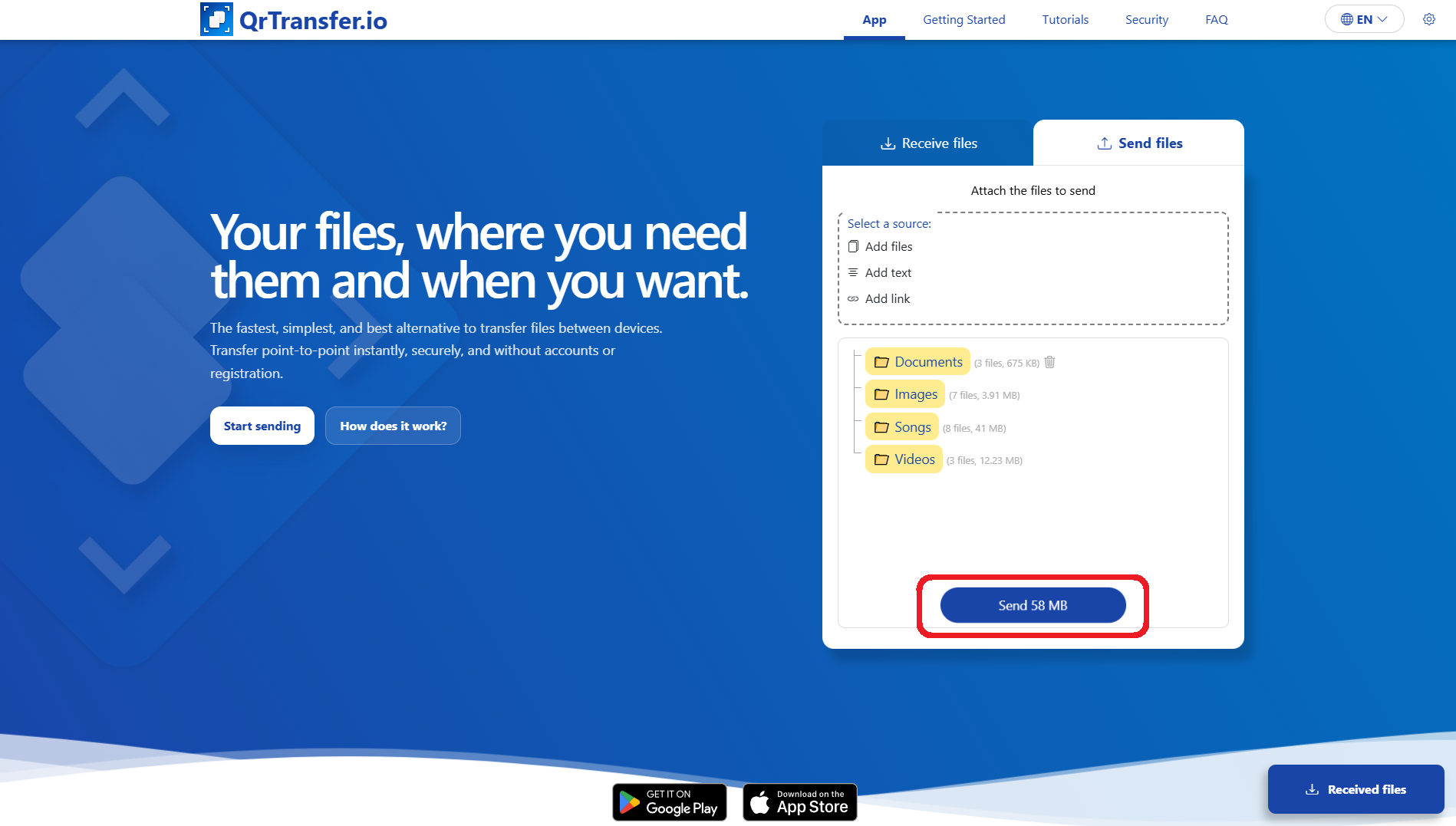 QrTransfer.io · How to send folders from PC to phone · Step 2 · Tap send and open the app on your mobile